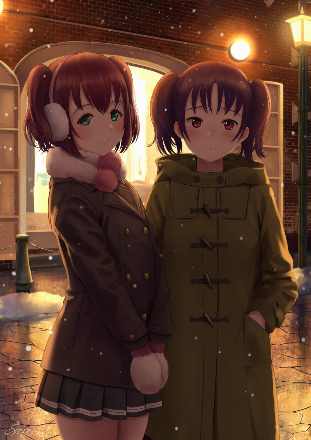 2girls :o blush brown_coat building coat double-breasted earmuffs fur_collar green_coat green_eyes hand_in_pocket hands_together highres kazuno_leah kurosawa_ruby lamppost long_sleeves looking_at_viewer love_live! love_live!_sunshine!! miniskirt mittens multiple_girls night outdoors papi_(papiron100) pleated_skirt purple_hair red_eyes redhead signature skirt smile snow snowing twintails two_side_up winter winter_clothes