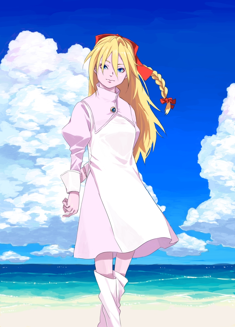 1girl beach blonde_hair blue_eyes bow chrono_cross closed_mouth clouds dress eye_contact facing_viewer hair_between_eyes hair_ribbon high_ponytail kid_(chrono_cross) long_hair looking_at_another looking_at_viewer namego pink_dress ponytail red_bow red_ribbon ribbon schala_zeal sky solo spoilers