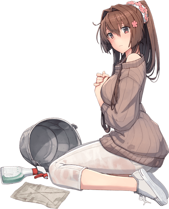 1girl alternate_costume bottle breasts brown_eyes brown_hair brown_sweater bucket flower from_side full_body hair_flower hair_intakes hair_ornament kantai_collection kneeling large_breasts long_hair long_sleeves looking_at_viewer off-shoulder_sweater off_shoulder official_art pants ribbed_sweater shizuma_yoshinori sidelocks simple_background solo spray_bottle sweater very_long_hair white_background white_footwear white_pants yamato_(kantai_collection)