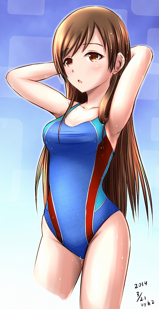 1girl arms_behind_head arms_up artist_name blue_background blue_swimsuit brown_eyes brown_hair chestnut_mouth collarbone commentary_request competition_swimsuit cowboy_shot dated gradient gradient_background h2_(h20000000) highres idolmaster idolmaster_cinderella_girls idolmaster_cinderella_girls_starlight_stage long_hair nitta_minami one-piece_swimsuit solo standing swimsuit