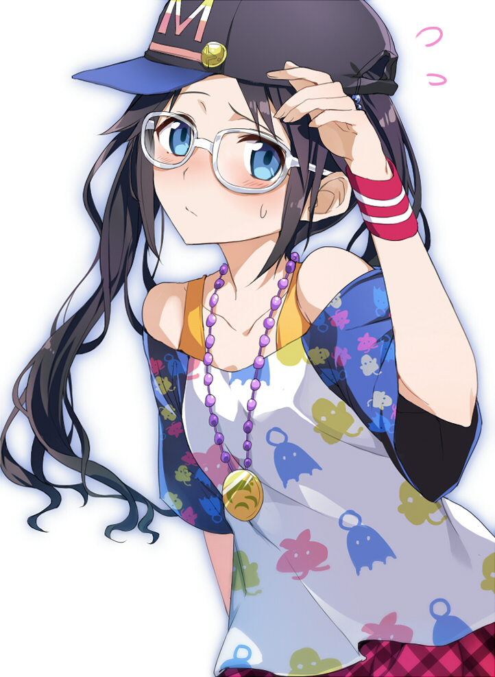 1girl armband bangs baseball_cap black_hair blue_eyes blush breasts closed_mouth collarbone commentary_request eyebrows_visible_through_hair flying_sweatdrops glasses hair_between_eyes hat idolmaster idolmaster_shiny_colors jewelry long_hair looking_at_viewer mitsumine_yuika necklace shirt simple_background solo tsuedzu white-framed_eyewear white_background