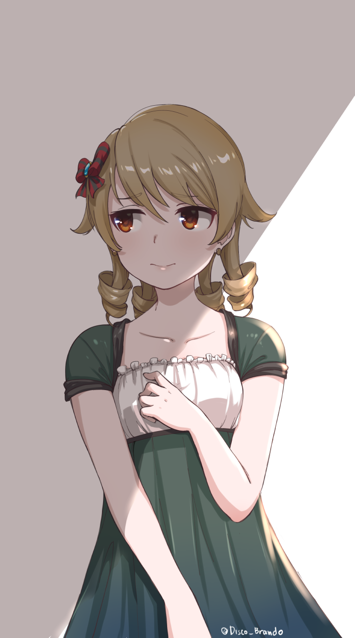 1girl bangs blush bow brown_eyes closed_mouth collarbone disco_brando dress drill_hair earrings eyebrows_visible_through_hair frilled_dress frills green_dress hair_between_eyes hair_bow highres idolmaster idolmaster_cinderella_girls jewelry looking_away morikubo_nono red_bow short_hair short_sleeves solo striped striped_bow twitter_username upper_body