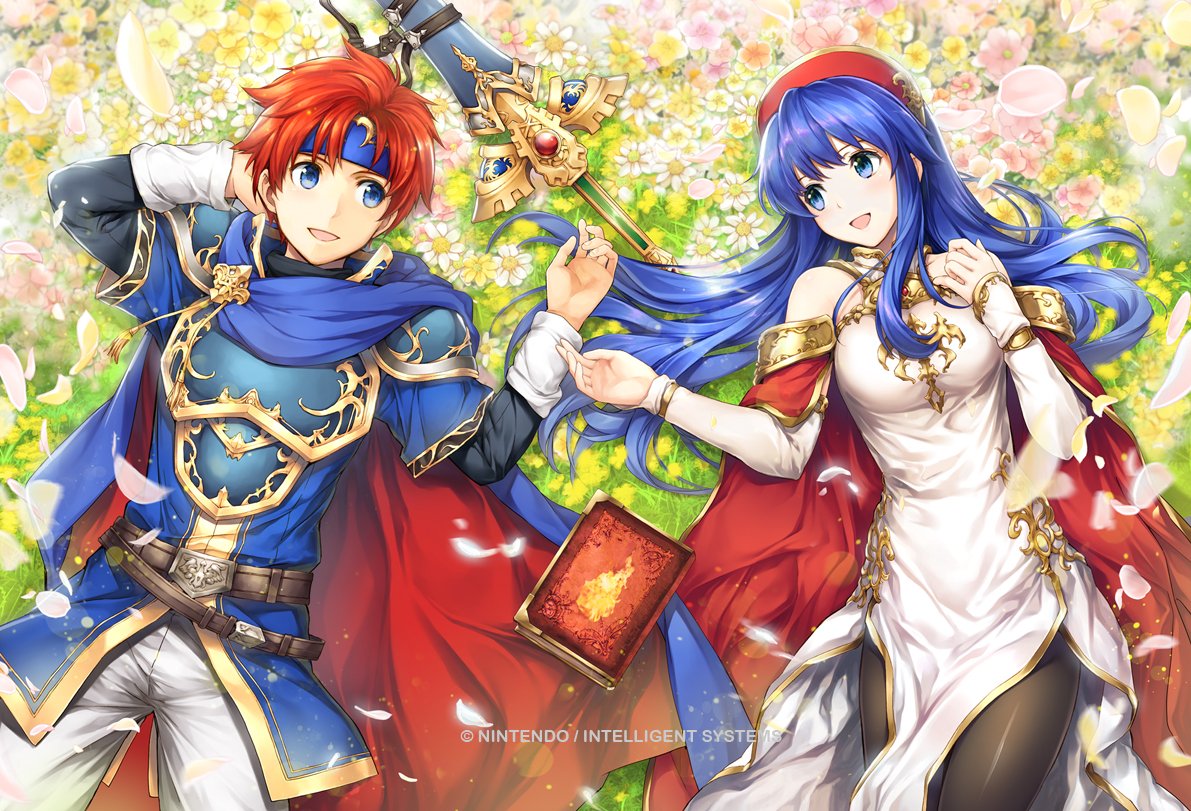 1girl armor blue_eyes blue_hair blush cape couple dress fingerless_gloves fire_emblem fire_emblem:_fuuin_no_tsurugi fire_emblem_cipher flower gloves hat headband holding lilina long_hair nintendo official_art open_mouth redhead roy_(fire_emblem) short_hair smile yamada_koutarou