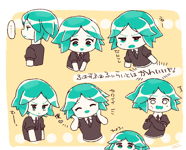 1other androgynous chibi chiyoko_(oman1229) closed_eyes elbow_gloves gem_uniform_(houseki_no_kuni) gloves green_eyes green_hair happy houseki_no_kuni necktie open_mouth phosphophyllite pout short_hair smile solo surprised translation_request