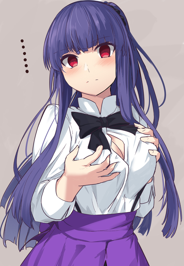 ... 1girl bangs black_bow black_neckwear blue_hair blush bow bowtie breasts character_request cleavage commentary_request eyebrows_visible_through_hair fate/grand_order fate_(series) grey_background hair_ornament hand_on_own_breast long_hair long_sleeves looking_at_viewer ponytail purple_skirt red_eyes shirt shiseki_hirame skirt solo white_shirt