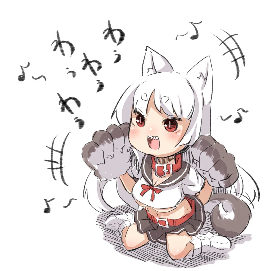 +++ 1girl :d animal_ears azur_lane belt belt_buckle belt_collar blush breasts brown_sailor_collar brown_skirt buckle cleavage collar commentary_request crop_top eighth_note gloves hands_up long_hair loose_socks midriff musical_note navel no_shoes open_mouth paw_gloves paws pleated_skirt red_belt red_collar red_eyes sailor_collar school_uniform serafuku shadow sharp_teeth shirt short_eyebrows sitting skirt smile solo tail teeth thick_eyebrows translated u-non_(annon'an) underbust v-shaped_eyebrows very_long_hair wariza white_background white_hair white_legwear white_shirt wolf_ears wolf_girl wolf_tail yuudachi_(azur_lane)
