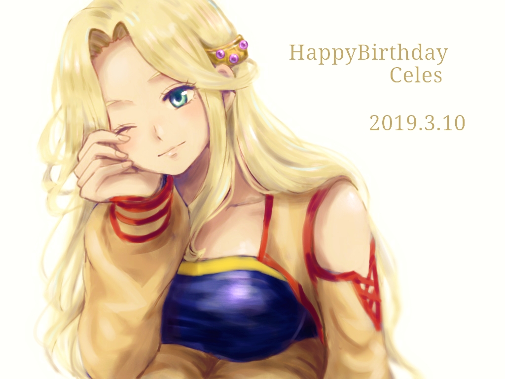 1girl 2019 ;) aqua_eyes blonde_hair breasts celes_chere closed_mouth collarbone dated final_fantasy final_fantasy_vi fingernails hair_intakes hand_on_own_face hand_up happy_birthday ichi_(pixiv6373491) long_hair long_sleeves medium_breasts one_eye_closed simple_background smile solo straight_hair white_background