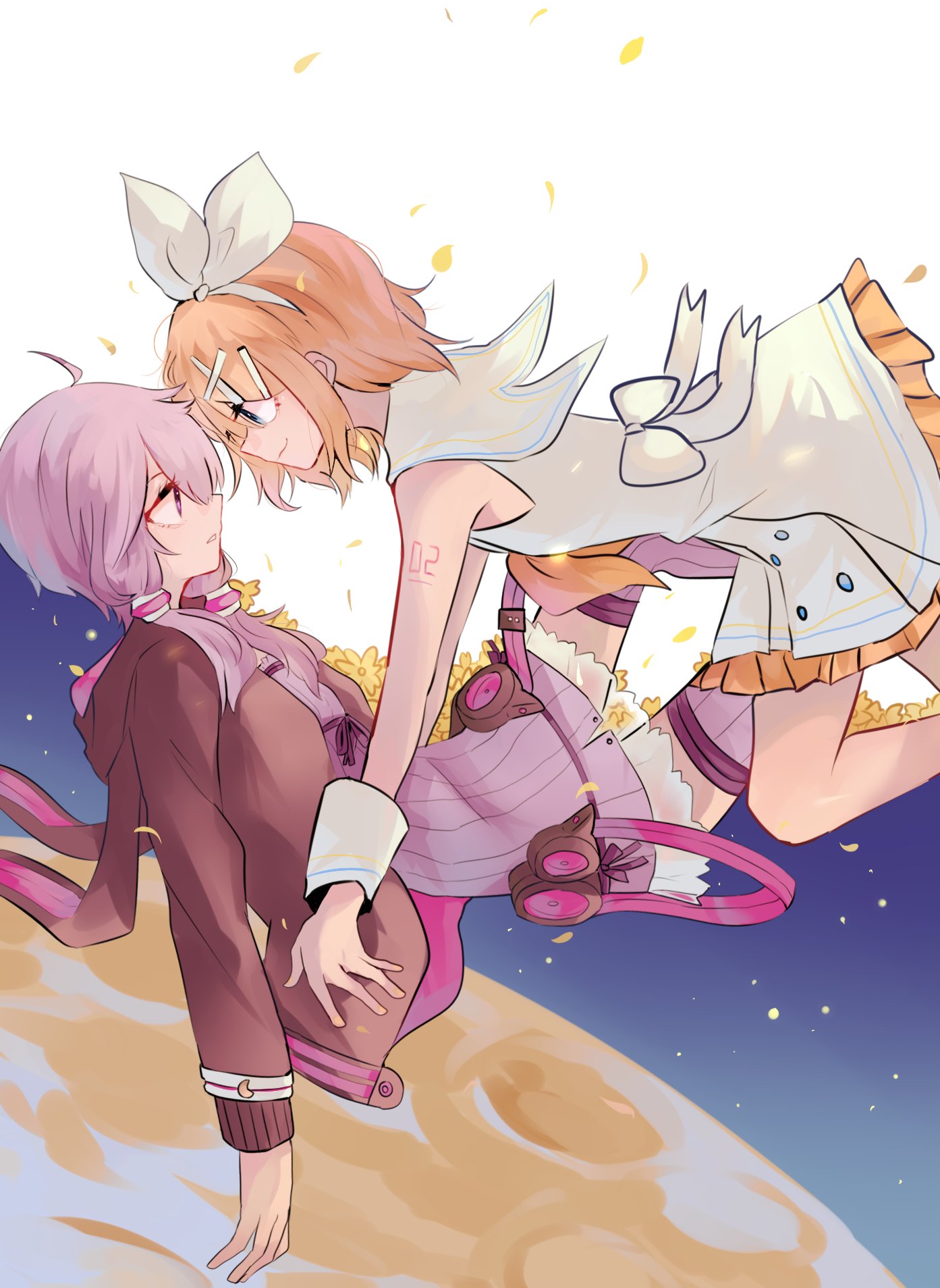 2girls bare_shoulders blonde_hair blue_eyes bow commentary dress floating flower gomiyama hair_bow hair_ornament hairclip highres jacket kagamine_rin moon multiple_girls petals purple_dress purple_hair short_hair_with_long_locks shoulder_tattoo sky sleeveless sleeveless_dress star_(sky) starry_sky strapless strapless_dress tattoo tube_dress violet_eyes vocaloid voiceroid white_bow wrist_cuffs yuzuki_yukari