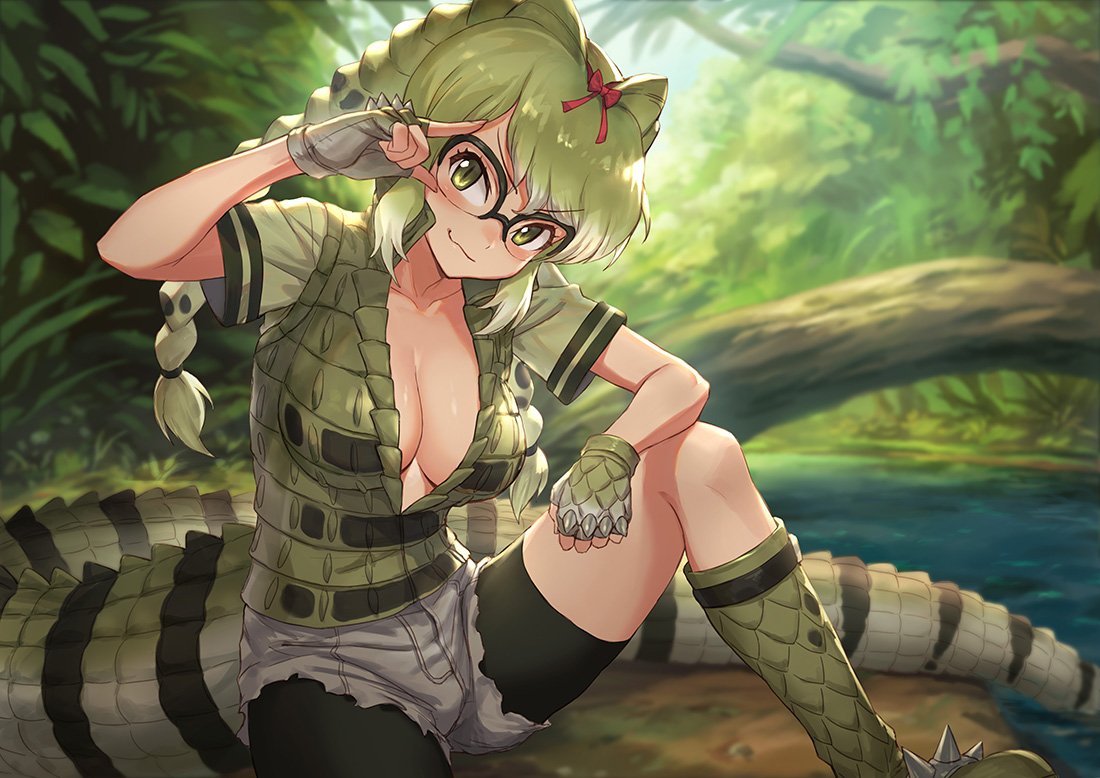 1girl :3 adjusting_hair bike_shorts bike_shorts_under_shorts boots braid breasts cleavage collarbone commentary crocodile_tail day eyebrows_visible_through_hair fingerless_gloves glasses gloves green_eyes green_hair grey_shorts guchico hair_ribbon head_tilt kemono_friends knee_boots large_breasts long_hair long_tail looking_at_viewer multicolored_hair nature outdoors over-rim_eyewear red_ribbon ribbon semi-rimless_eyewear short_sleeves shorts sitting slit_pupils smile solo spectacled_caiman_(kemono_friends) spiked_gloves tail twin_braids v-shaped_eyebrows