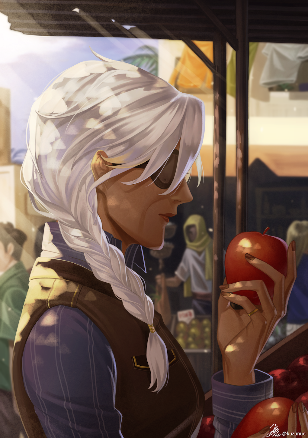 1girl ana_(overwatch) apple blue_shirt braid commentary_request dark_skin day eyepatch food from_side fruit hair_over_shoulder highres holding holding_food holding_fruit jewelry kuzunue lips long_braid market medium_hair nose old_woman one-eyed overwatch pinstripe_shirt ring shirt single_braid solo_focus vest white_hair