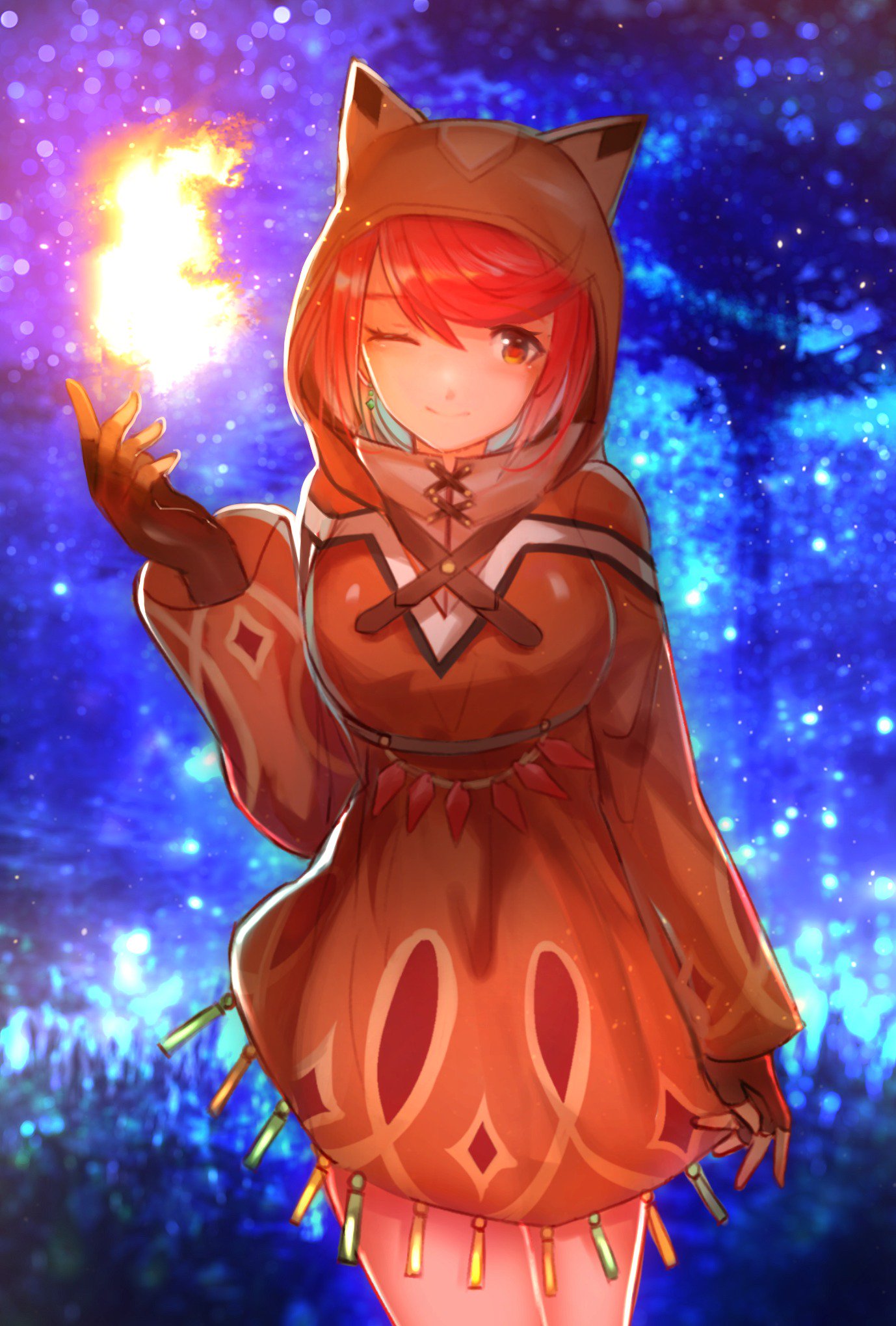 1girl animal_ears breasts cape cat_ears commentary fingerless_gloves fire gloves highres pyra_(xenoblade) hood jewelry large_breasts looking_at_viewer night nintendo red_eyes redhead short_hair simple_background solo star tarbo_(exxxpiation) thigh-highs tiara xenoblade_(series) xenoblade_2