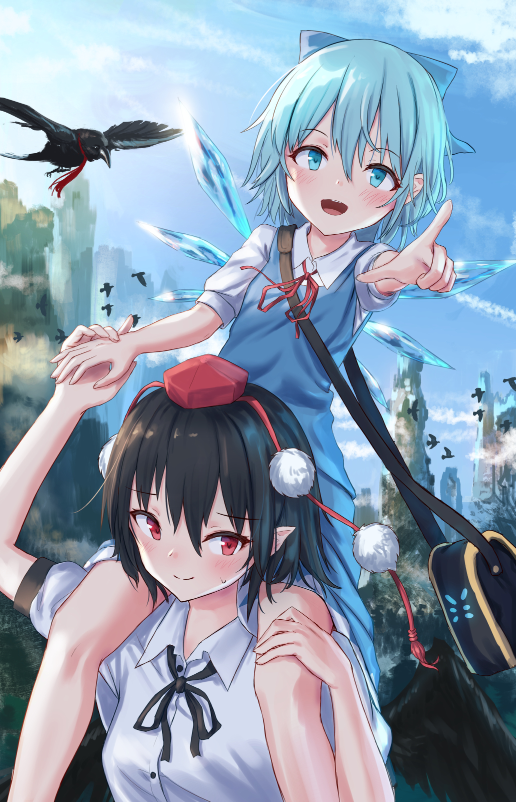 2girls :d arm_up bag bangs black_hair black_neckwear black_ribbon blue_bow blue_eyes blue_hair blue_skirt blue_sky blue_vest blush bow breasts carrying cirno clouds commentary_request crown day eyebrows_visible_through_hair feet_out_of_frame hair_between_eyes hair_bow hand_holding hand_up hat highres ice ice_wings looking_at_viewer medium_breasts multiple_girls neck_ribbon open_mouth outdoors piggyback pointing pointing_at_viewer pointy_ears pom_pom_(clothes) puffy_short_sleeves puffy_sleeves red_eyes red_neckwear red_ribbon ribbon roke_(taikodon) satchel shameimaru_aya shirt short_hair short_sleeves skirt skirt_set sky smile sweat tassel thighs tokin_hat touhou upper_body vest white_shirt wings