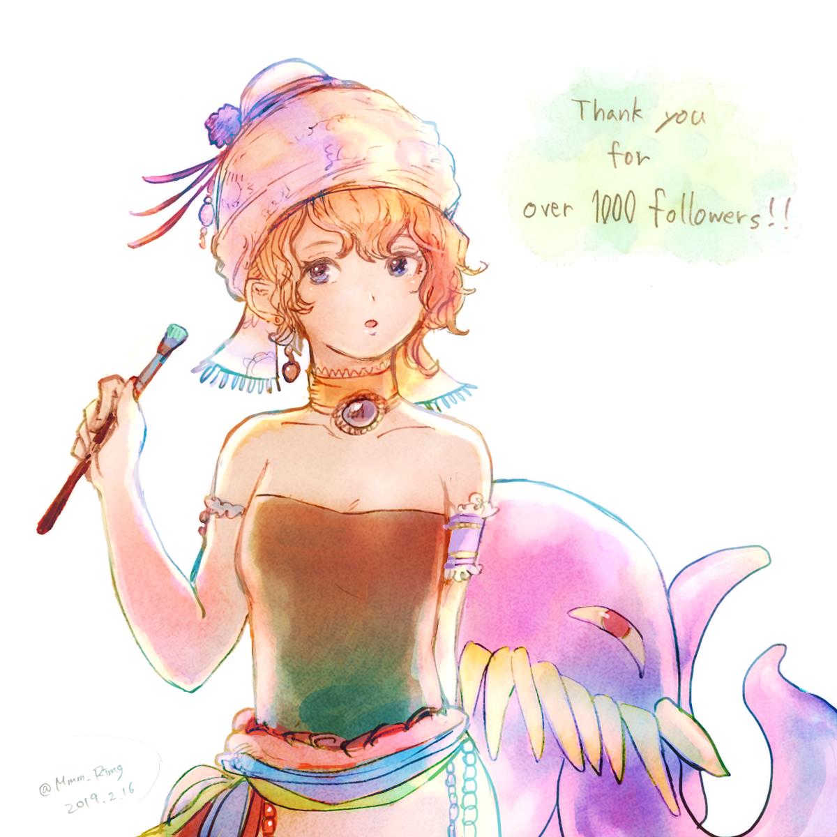 1girl art_brush bare_shoulders blonde_hair blue_eyes breasts commentary_request earrings final_fantasy final_fantasy_vi hat highres jewelry looking_at_viewer monster octopus open_mouth orthros paintbrush relm_arrowny short_hair simple_background solo tentacle white_background