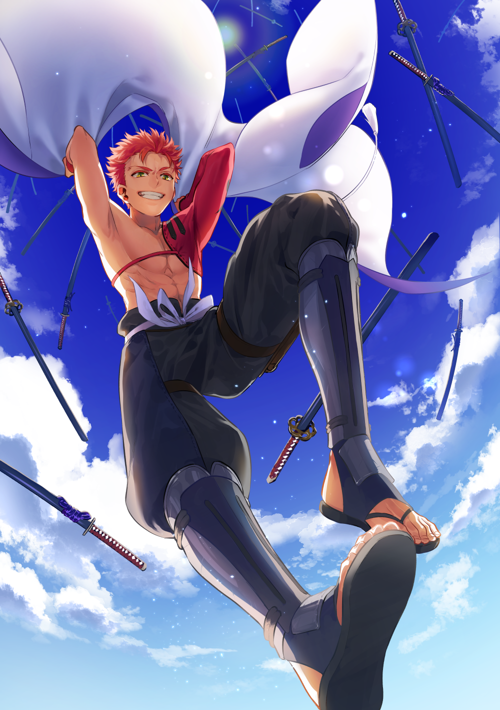 1boy abs black_pants bow clouds colored_eyelashes emiya_shirou falling fate/grand_order fate_(series) from_below grin highres igote katana limited/zero_over male_focus messy_hair orange_hair otama_(atama_ohanabatake) pants sandals shirtless sky smile solo sword waist_bow weapon white_bow yellow_eyes