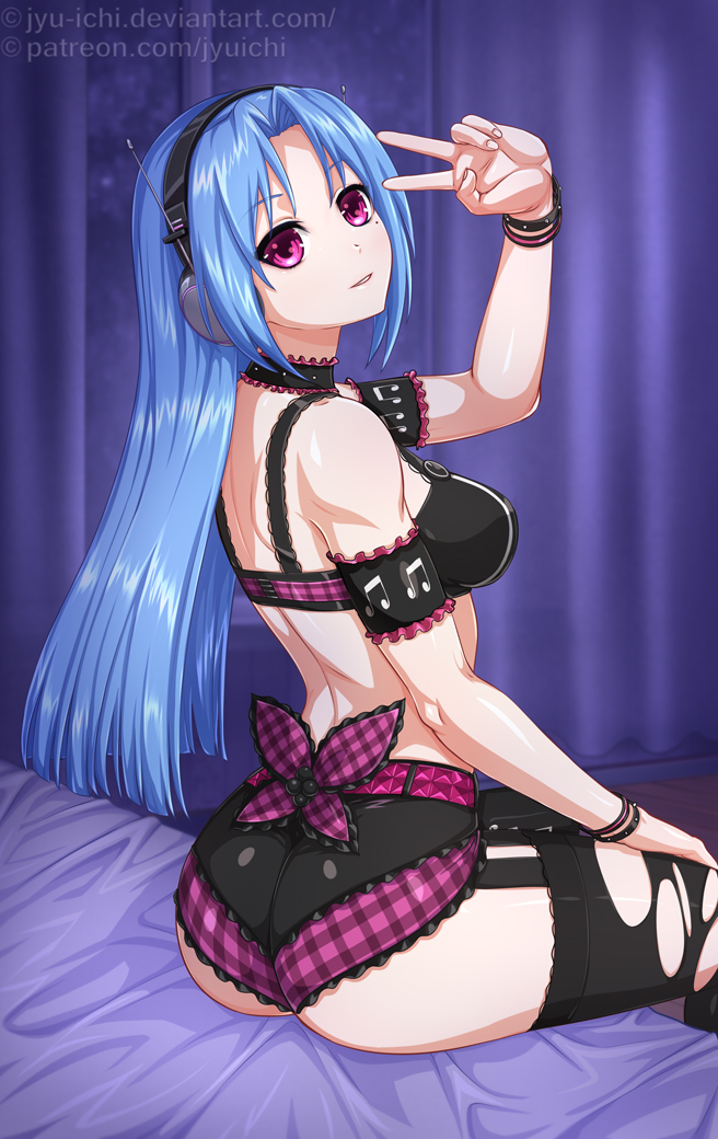 5pb_(neptune_series) adapted_costume ass bare_shoulders black_legwear blue_hair breasts commentary detached_collar english_commentary grin headphones idol indoors jyu_ichi long_hair looking_at_viewer looking_back medium_breasts midriff mole mole_under_eye musical_note musical_note_print neptune_(series) on_bed pink_eyes sitting sitting_on_bed smile thighs torn_clothes torn_legwear v_over_eye violet_eyes