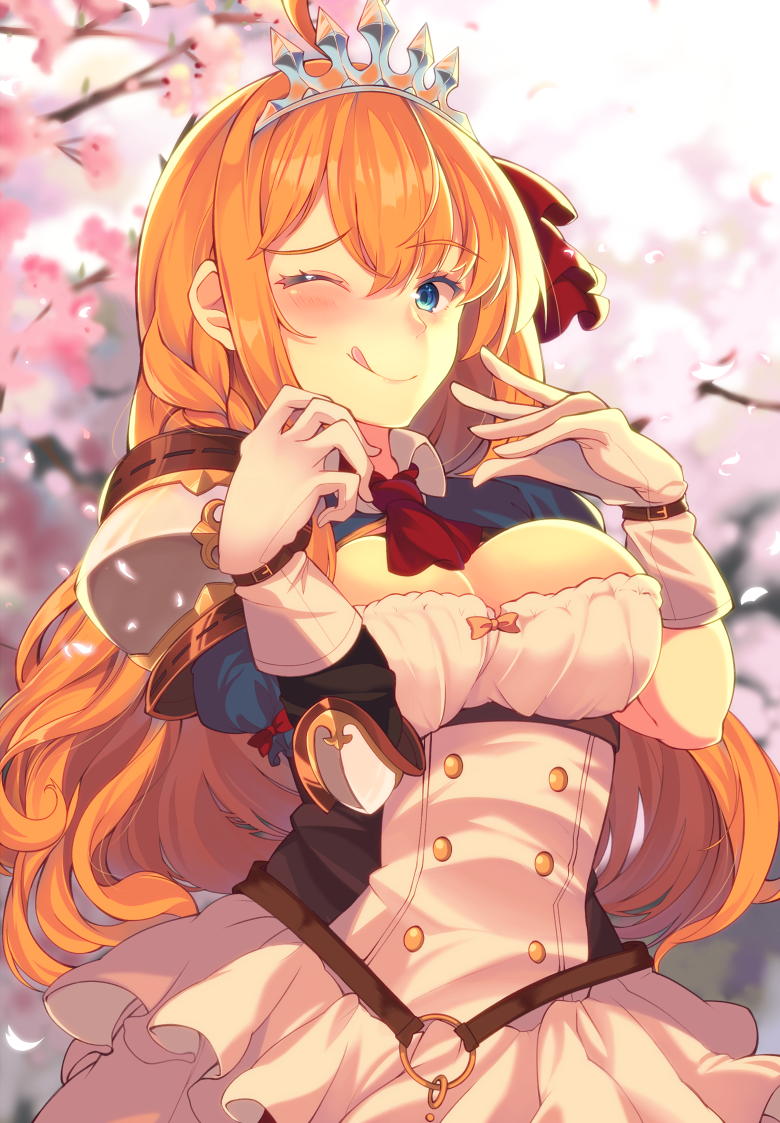 1girl ahoge bangs blue_eyes blush breasts cleavage eyebrows_visible_through_hair gloves hair_between_eyes hair_ornament hair_ribbon hands_up large_breasts long_hair looking_at_viewer mizuyoukan_(mikususannda) open_mouth orange_hair pecorine princess_connect! princess_connect!_re:dive ribbon short_sleeves smile solo tiara very_long_hair