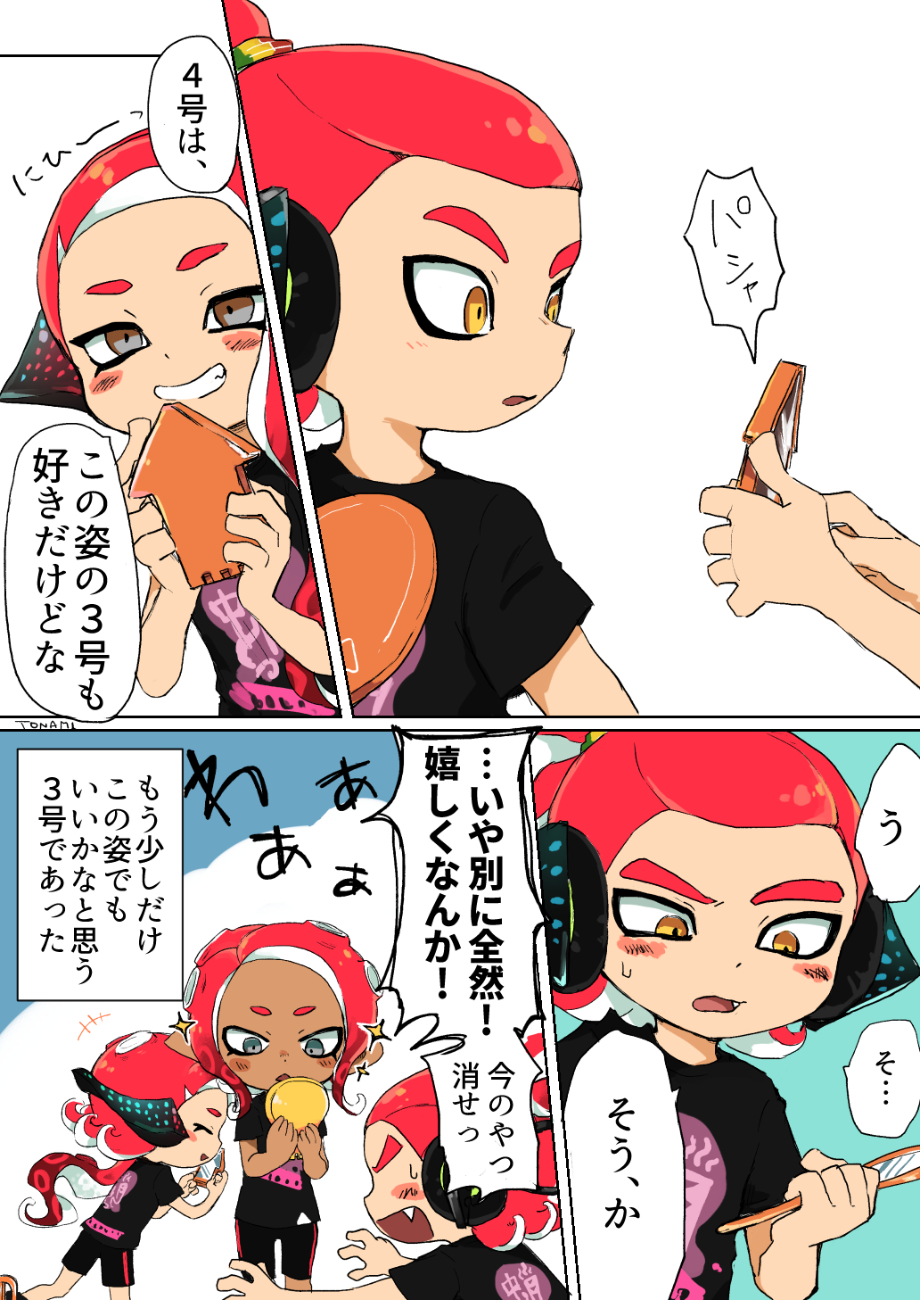 1boy 2girls blush cellphone dark_skin domino_mask fangs grin headgear highres holding holding_cellphone holding_phone inkling makeup mascara mask medium_hair multiple_girls octoling orange_eyes phone redhead shirt short_eyebrows smartphone smile splatoon splatoon_(series) splatoon_2 squidbeak_splatoon suction_cups t-shirt tentacle_hair tona_bnkz translation_request