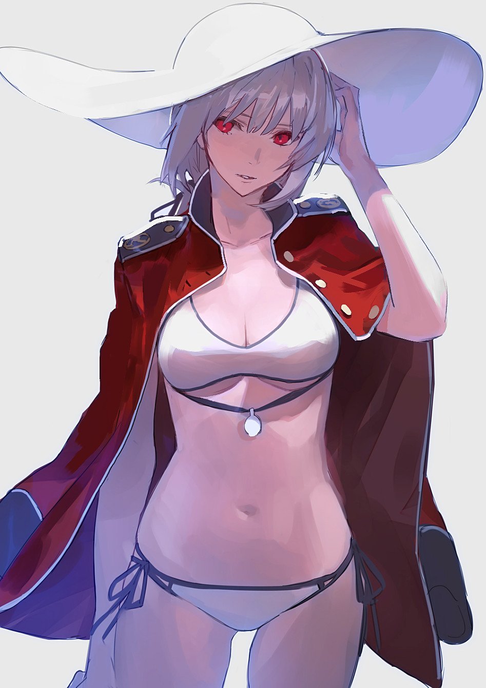 1girl arm_up bikini braid breasts closed_mouth commentary_request cowboy_shot fate/grand_order fate_(series) florence_nightingale_(fate/grand_order) grey_background hat highres jacket jacket_on_shoulders kawaguchi_(mojacome) looking_at_viewer medium_breasts navel open_clothes open_jacket parted_lips red_eyes side-tie_bikini silver_hair simple_background solo sun_hat swimsuit white_bikini