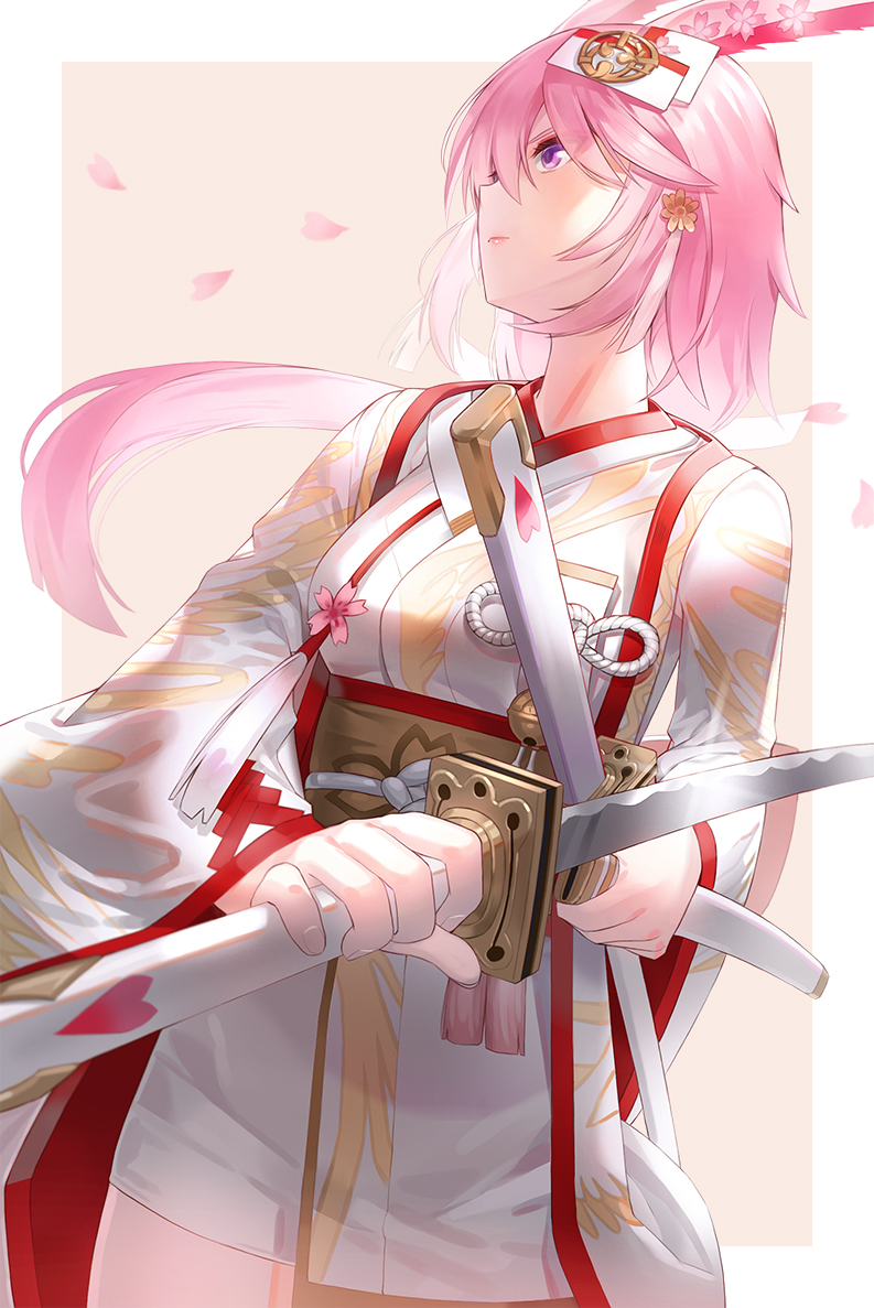 1girl animal_ears bangs blush breasts eyebrows_visible_through_hair fox_ears hair_between_eyes hair_flaps holding holding_sheath holding_sword holding_weapon honkai_(series) honkai_impact_3 japanese_clothes kfr kimono long_hair medium_breasts messy_hair multiple_swords nontraditional_miko obi pink_hair sash sheath solo sword unsheathed very_long_hair violet_eyes weapon yae_sakura