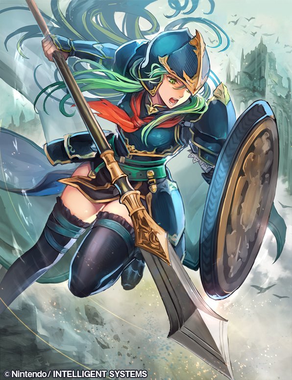 1girl animal aqua_eyes aqua_hair arm_guards armor bird breastplate castle commentary_request company_connection copyright_name day fire_emblem fire_emblem:_souen_no_kiseki helmet holding holding_shield holding_weapon leg_up long_hair nephenee nij_24 nintendo official_art open_mouth outdoors pelvic_curtain polearm shield shoulder_armor solo spear thigh-highs weapon zettai_ryouiki