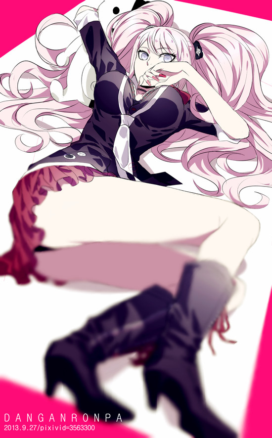 1girl 2013 arm_up black_footwear blurry blurry_background boots breasts choker copyright_name dangan_ronpa dangan_ronpa_1 dated enoshima_junko eyebrows_visible_through_hair floating_hair grey_eyes hair_ornament high_heel_boots high_heels long_hair looking_at_viewer lying medium_breasts miniskirt monokuma necktie on_side pleated_skirt red_ribbon red_skirt rena_(renasight) ribbon silver_hair skirt sleeves_rolled_up solo twintails very_long_hair white_neckwear