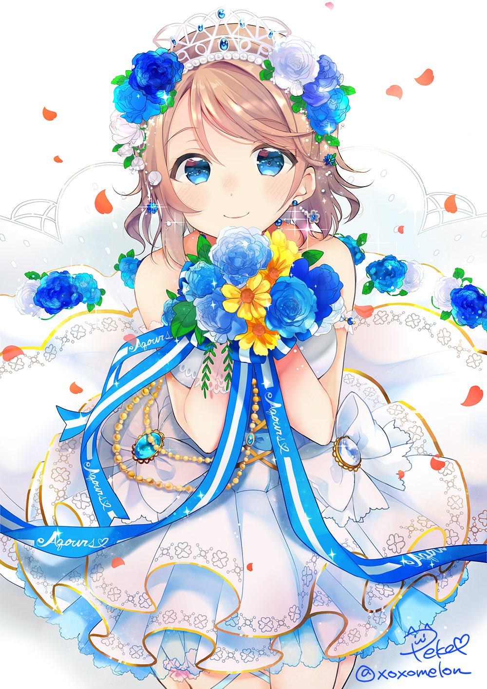 1girl blue_eyes blue_flower blue_ribbon blush bouquet bow brown_hair commentary_request dress earrings flower gem group_name hair_flower hair_ornament highres holding holding_bouquet jewelry looking_at_viewer love_live! love_live!_sunshine!! peke_(xoxopeke) petals ribbon rose short_hair signature smile solo sparkle striped striped_ribbon tiara twitter_username watanabe_you wedding_dress white_bow white_dress white_flower white_rose yellow_flower