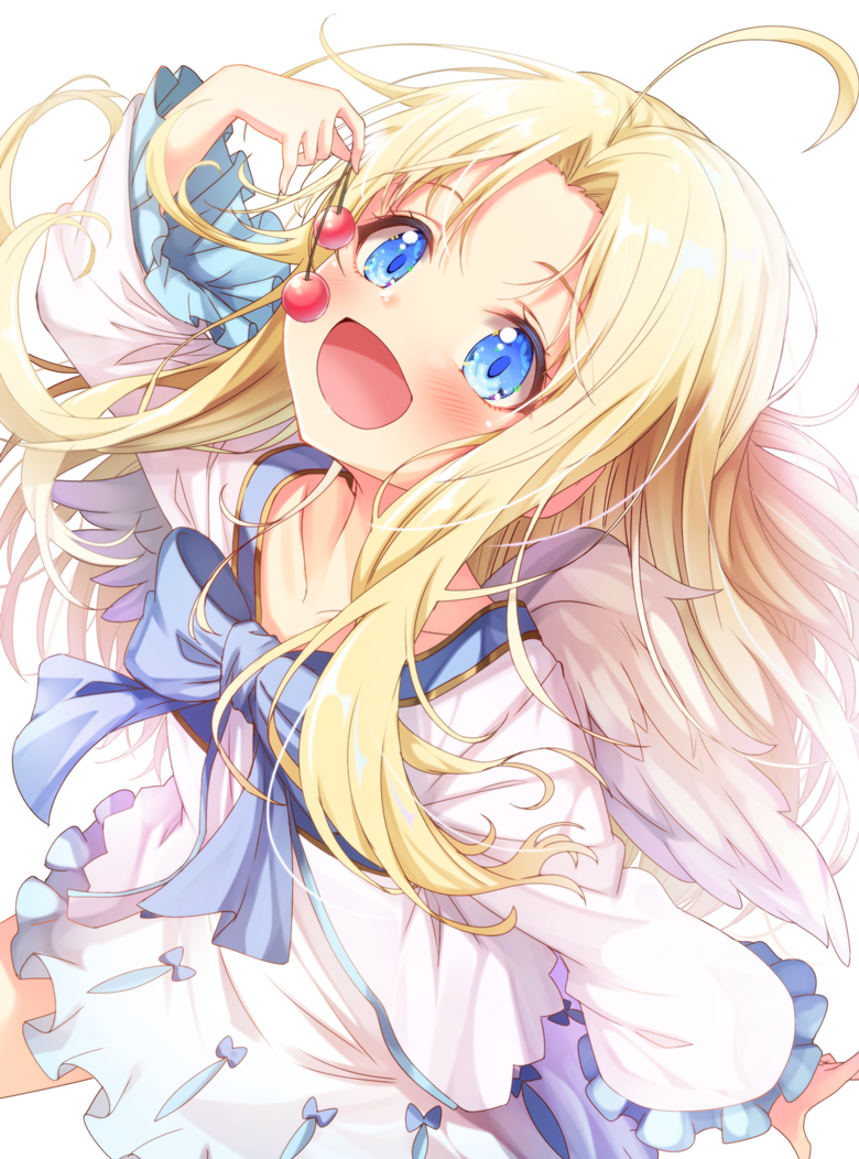 1girl :d ahoge arm_up bangs blonde_hair blue_bow blue_eyes blush bow cherry collarbone commentary_request dress eyebrows_visible_through_hair feathered_wings firo_(tate_no_yuusha_no_nariagari) food forehead frilled_sleeves frills fruit hair_between_eyes holding holding_food long_hair long_sleeves looking_at_viewer matokechi mini_wings open_mouth parted_bangs simple_background smile solo tate_no_yuusha_no_nariagari very_long_hair white_background white_dress white_wings wings