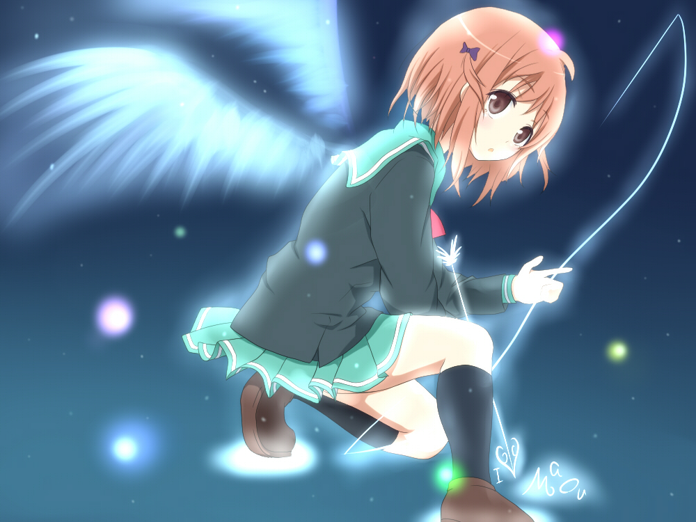 1girl black_legwear brown_eyes brown_hair commentary_request english_text green_shirt green_skirt hair_ornament hataraku_maou-sama! heart_arrow kengo619 miniskirt purple_ribbon ribbon sasaki_chiho school_uniform shirt shoes short_hair skirt socks solo star starry_background wings