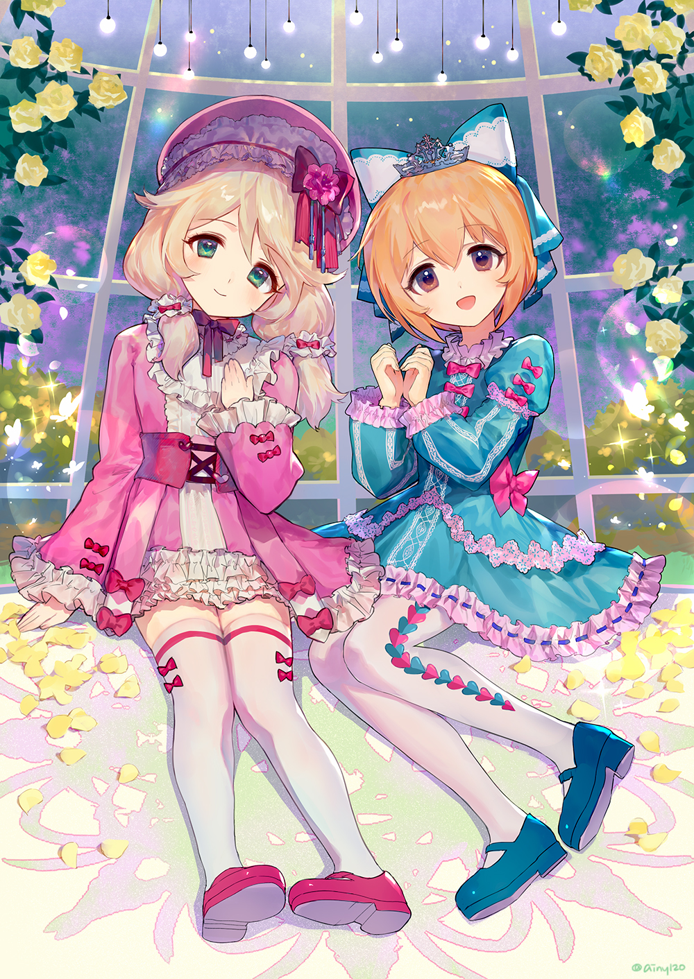 2girls :d ainy77 bangs blonde_hair blue_bow blue_dress blue_footwear blush bow brown_eyes bug butterfly commentary_request dress eyebrows_visible_through_hair flower frilled_shirt_collar frilled_sleeves frills full_body green_eyes hair_between_eyes hair_bow hair_ornament hair_scrunchie hand_up hands_up hat hat_bow hat_flower head_tilt highres idolmaster idolmaster_cinderella_girls insect juliet_sleeves koga_koharu lens_flare long_hair long_sleeves looking_at_viewer low_twintails mary_janes multiple_girls neck_ribbon open_mouth pantyhose petals pink_dress pink_flower pink_footwear pink_headwear pink_neckwear pink_rose puffy_sleeves red_bow ribbon ribbon-trimmed_dress ribbon_trim rose scrunchie shadow shoes short_dress short_sleeves sitting smile sparkle thigh-highs thighs tiara twintails white_legwear wide_sleeves yellow_flower yellow_rose yusa_kozue zettai_ryouiki