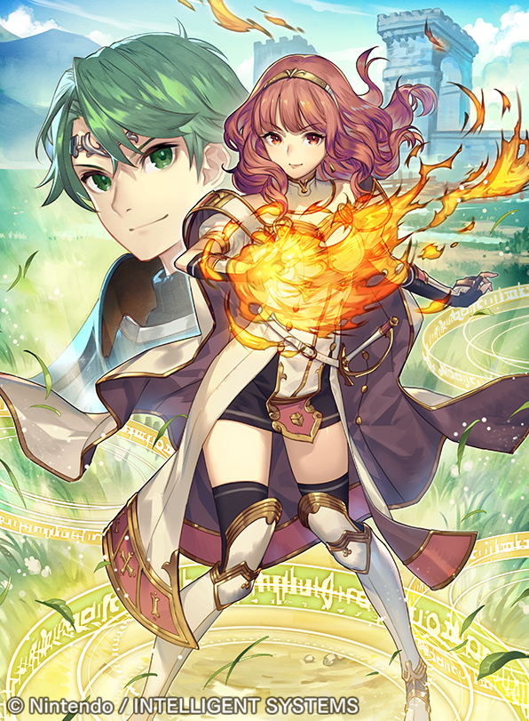 1boy 1girl alm_(fire_emblem) arm_guards armored_boots bangs black_gloves black_legwear boots castle celica_(fire_emblem) closed_mouth clouds cloudy_sky commentary_request company_connection copyright_name day dress earrings fingerless_gloves fire fire_emblem fire_emblem_cipher fire_emblem_echoes:_mou_hitori_no_eiyuuou gloves grass green_eyes green_hair jewelry long_hair looking_at_viewer magic nintendo official_art outdoors red_eyes redhead shiny shiny_hair short_sleeves sky smile sword thigh-highs tiara umiu_geso upper_body weapon zettai_ryouiki