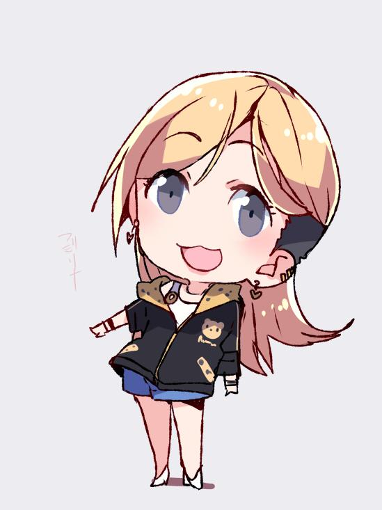 1girl :3 :d black_eyes black_jacket blonde_hair blue_shorts chibi ear_piercing earrings fujimoto_rina full_body grey_background idolmaster idolmaster_cinderella_girls jacket jewelry leaning_to_the_side long_hair looking_at_viewer off_shoulder open_mouth piercing short_shorts short_sleeves shorts simple_background smile solo standing taneda_yuuta undercut white_footwear