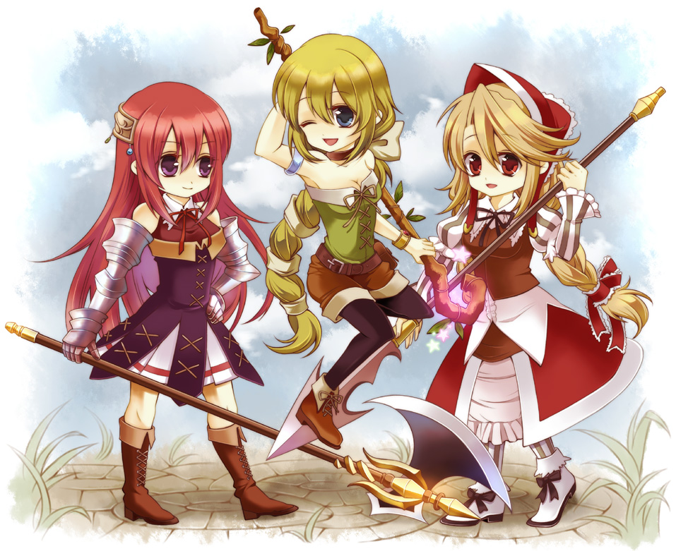 3girls :d aqua_eyes arm_at_side armlet armor armored_dress axe bag bare_shoulders black_choker black_legwear blonde_hair blush blush_stickers bonnet boots bow bracelet braid breasts brown_eyes choker cleavage closed_mouth clouds collarbone cordelia_(saga) corset cowboy_shot cropped_legs cross-laced_clothes day dress dutch_angle elbow_gloves eyebrows_visible_through_hair fantasy floral_background flower from_side gauntlets gloves grass green_eyes green_hair hair_bow hair_ornament hair_ribbon hand_on_hip happy head_scarf janne1230 jewelry knee_boots legwear_under_shorts light_green_hair light_smile long_hair looking_at_viewer looking_away lying medium_breasts midriff multi-tied_hair multiple_girls one_eye_closed open_mouth outdoors pantyhose polearm ponytail pouch premiere primiera_(saga) red_flower red_rose red_skirt redhead ribbon rose saga saga_frontier_2 shorts skirt sky small_breasts smile solo spear staff thigh-highs thigh_boots traditional_media twin_braids very_long_hair virginia_knights weapon