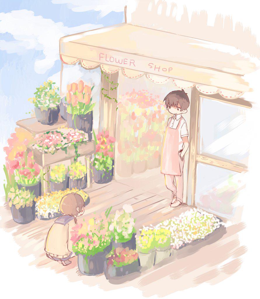 1boy 1girl ahoge apron blush brown_footwear brown_hair collared_shirt day flower flower_shop hand_in_pocket long_sleeves looking_at_another original outdoors pants pink_apron pink_flower pink_pants plant potted_plant school_uniform serafuku shirt shoes shop short_sleeves squatting standing taneda_yuuta twintails vines white_flower white_shirt yellow_flower yellow_shirt