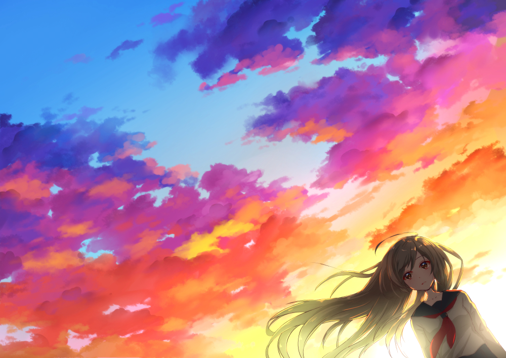 1girl black_hair blue_sky brown_eyes brown_hair kusumoto_miya long_hair long_sleeves outdoors scenery school_uniform serafuku shirt sky standing sunset uniform very_long_hair white_shirt