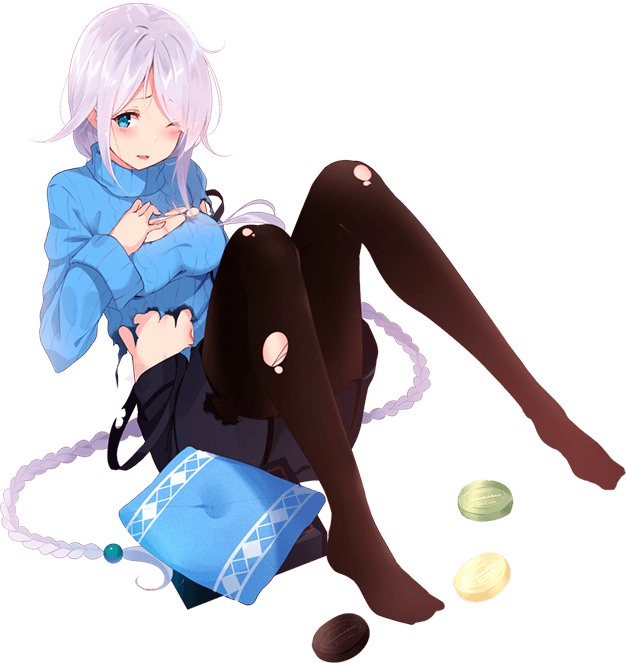 1girl bag bangs blue_eyes blue_neckwear blue_sweater braid breasts cushion full_body hair_tie kantai_collection kujou_ichiso large_breasts long_hair mole mole_under_eye official_art one_eye_closed pantyhose parted_bangs shopping_bag silver_hair single_braid soap sweater torn_clothes torn_legwear umikaze_(kantai_collection) very_long_hair white_hair