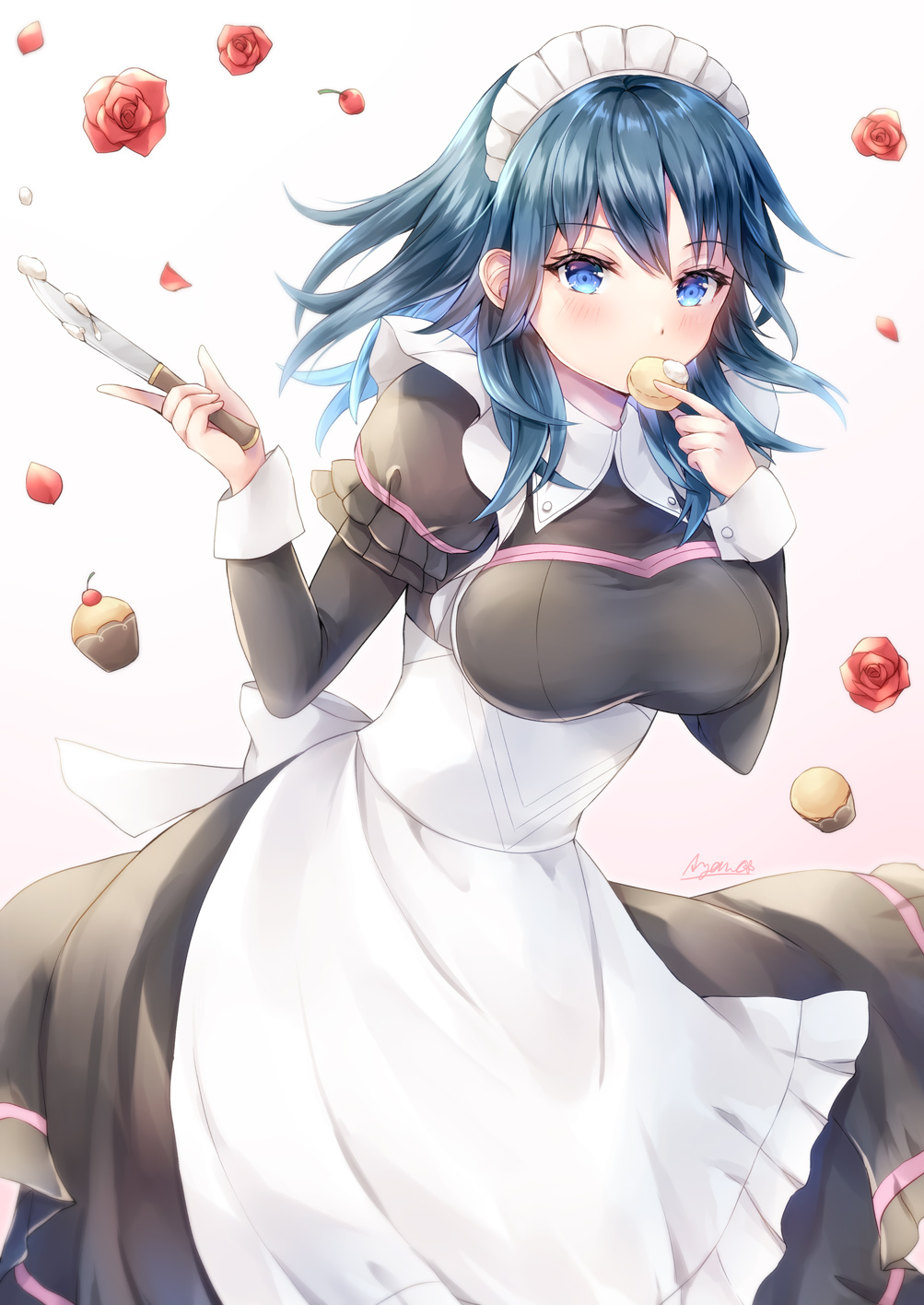 1girl alternate_costume apron artist_name ayame_(norie11) blue_eyes blue_hair breasts byleth_(fire_emblem) byleth_eisner_(female) commentary_request cream_puff cupcake enmaided fire_emblem fire_emblem:_three_houses flower food highres holding holding_knife kitchen_knife knife large_breasts maid maid_apron maid_headdress medium_hair petals rose rose_petals signature solo white_apron