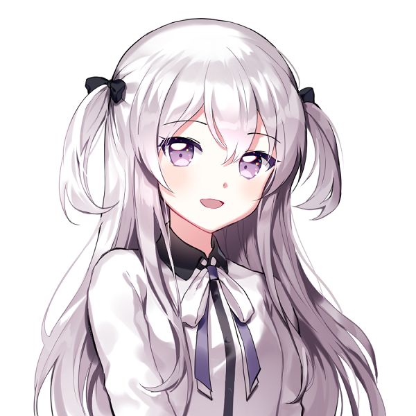 1girl :d black_bow blush bow breasts collared_shirt hair_bow long_hair long_sleeves looking_at_viewer mechuragi neck_ribbon open_mouth original ribbon shirt silver_hair simple_background small_breasts smile solo two_side_up upper_body violet_eyes white_background white_neckwear white_shirt