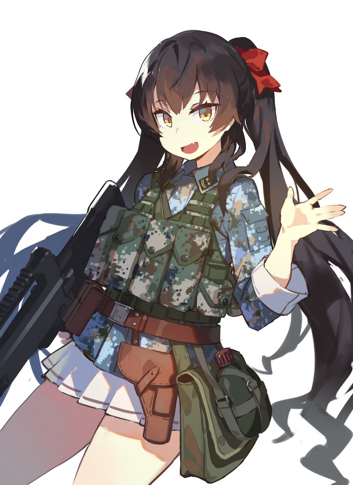 1girl :d bag belt belt_pouch black_hair blue_shirt brown_eyes camouflage commentary_request cowboy_shot fang fangdan_runiu girls_frontline gun hair_ribbon hand_up holding holding_gun holding_weapon holster long_hair long_sleeves looking_at_viewer military military_uniform miniskirt open_mouth pleated_skirt pouch qbz-97 qbz-97_(girls_frontline) red_ribbon ribbon shirt shoulder_bag sidelocks simple_background skirt smile solo standing thighs twintails uniform very_long_hair vest weapon white_background white_skirt