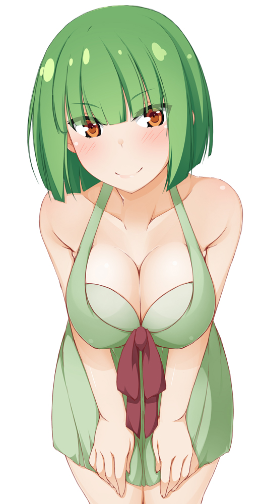 &gt;:) 1girl bangs bare_arms bare_shoulders blush bow breasts brown_bow brown_eyes cleavage closed_mouth collarbone commentary_request cowboy_shot dress eyebrows_visible_through_hair girly_air_force green_dress green_hair hair_between_eyes head_tilt hinata_masaki large_breasts leaning_forward looking_at_viewer phantom_(girly_air_force) short_hair simple_background sleeveless sleeveless_dress smile solo v-shaped_eyebrows white_background