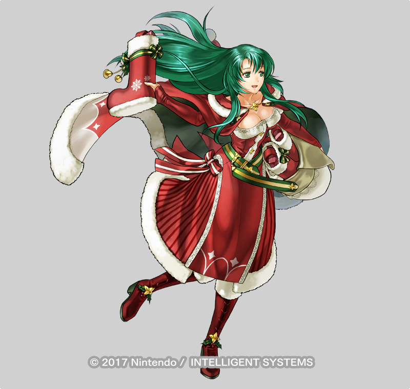 1girl breasts cecilia_(fire_emblem) christmas closed_mouth dated fire_emblem fire_emblem:_fuuin_no_tsurugi fire_emblem_heroes green_eyes green_hair kita_senri long_hair looking_at_viewer nintendo official_art simple_background solo