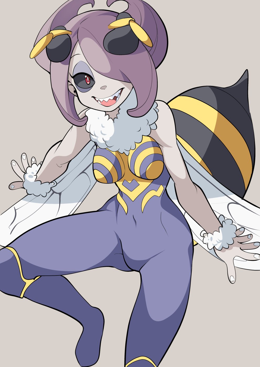 1girl antennae bee_girl black_sclera breasts commentary_request cosplay covered_navel grey_background hair_over_one_eye highres insect_girl leg_up little_witch_academia medium_breasts monster_girl nail_polish open_mouth popopo purple_hair q-bee q-bee_(cosplay) red_eyes sharp_teeth short_hair simple_background smile solo sucy_manbavaran teeth vampire_(game) white_nails wings