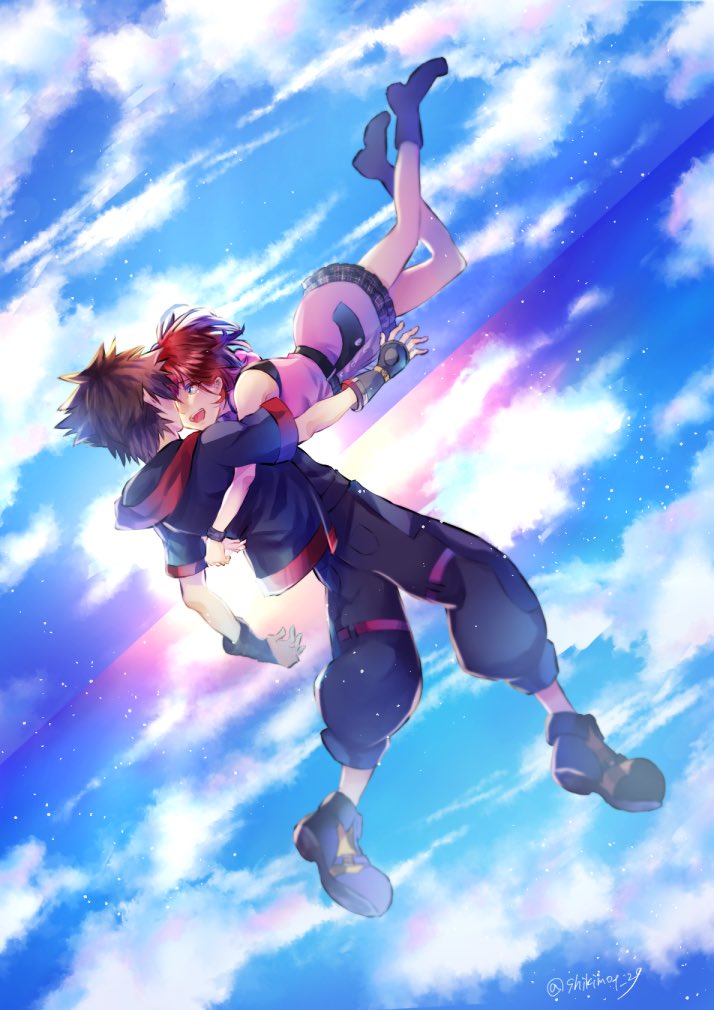 1boy 1girl artist_name back blue_eyes blue_sky boots bracelet brown_hair eye_contact fingerless_gloves gloves hood hood_down hug jacket jewelry kairi_(kingdom_hearts) kingdom_hearts kingdom_hearts_iii looking_at_another midair redhead shikimoto skirt sky sleeveless smile sora_(kingdom_hearts) spiky_hair tears twitter_username