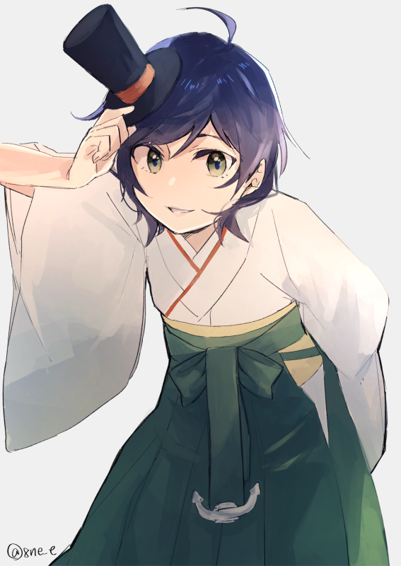 1girl 8ne_(nitika127) ahoge anchor bangs black_hair green_eyes green_hakama grey_background hakama hat holding holding_hat japanese_clothes kantai_collection kimono leaning_forward matsukaze_(kantai_collection) meiji_schoolgirl_uniform mini_hat mini_top_hat short_hair simple_background solo swept_bangs top_hat tsurime twitter_username wavy_hair