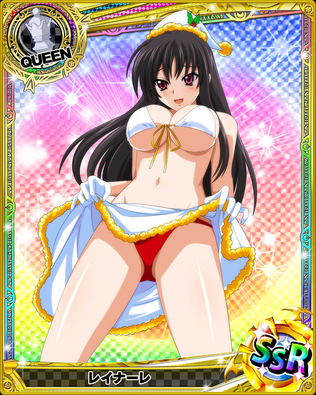 1girl :d bikini_top black_hair blush breasts card_(medium) character_name chess_piece christmas fur_trim gloves hat high_school_dxd large_breasts long_hair looking_at_viewer navel official_art open_mouth panties pink_eyes queen_(chess) raynare red_panties santa_hat skirt smile solo trading_card under_boob underwear white_bikini_top white_gloves white_headwear