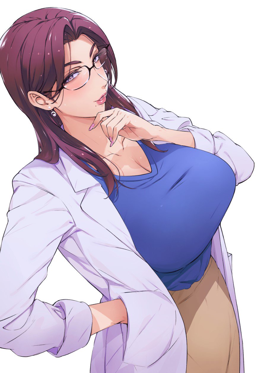 1girl bangs blush breasts brown_eyes brown_hair cleavage coat collarbone earrings glasses hand_in_pocket hand_on_own_chin highres huge_breasts jewelry labcoat large_breasts lipstick long_hair looking_at_viewer makeup mole mole_under_mouth nail_polish original orushibu parted_bangs shirt simple_background skirt sleeves_rolled_up solo t-shirt white_background