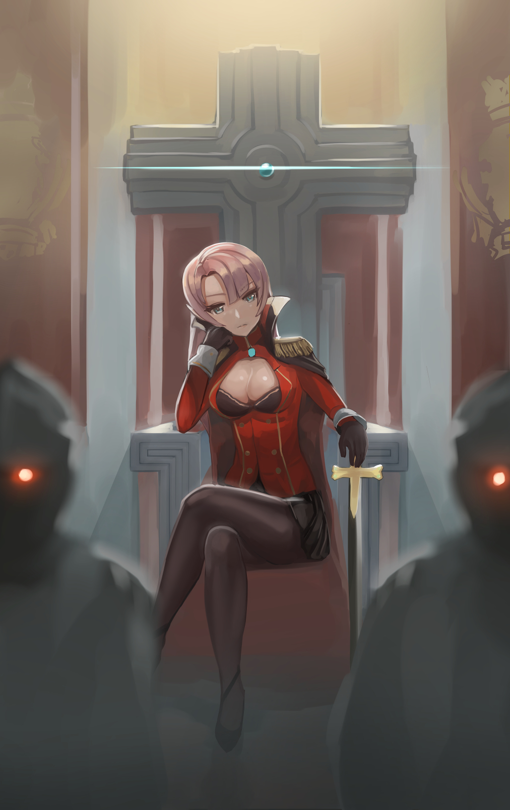 :| arm_rest azur_lane bangs black_bra black_cape black_footwear black_gloves black_skirt blue_eyes blurry_foreground bra breasts buttons cape cleavage cleavage_cutout closed_mouth cross dress_shoes duke_of_york_(azur_lane) elbow_rest epaulettes gem gloves glowing glowing_eyes guard hand_on_own_face head_tilt highres holding holding_sword holding_weapon jacket kyuuri_no_tsukemono large_breasts legs_crossed looking_at_viewer pantyhose parted_bangs pink_hair pleated_skirt red_jacket sitting skirt sleeve_cuffs strappy_heels sword thighs throne throne_room underwear weapon