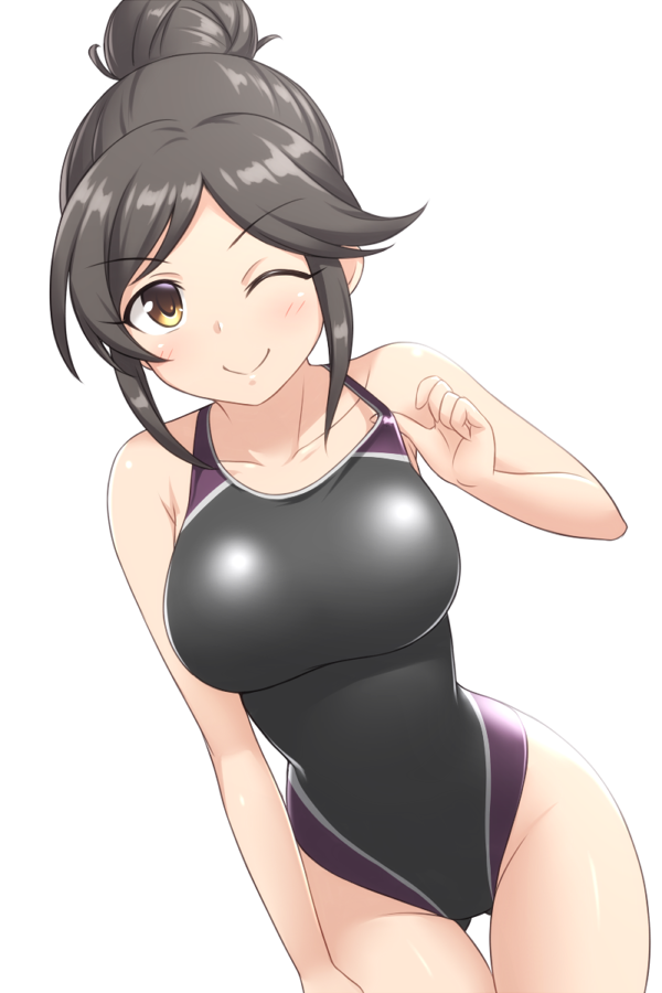 1girl ass_visible_through_thighs black_hair black_swimsuit brown_eyes collarbone competition_swimsuit cowboy_shot hair_bun highleg highleg_swimsuit idolmaster idolmaster_cinderella_girls leaning_forward looking_at_viewer momoi_azuki one-piece_swimsuit one_eye_closed pataniito short_hair simple_background smile solo swimsuit white_background