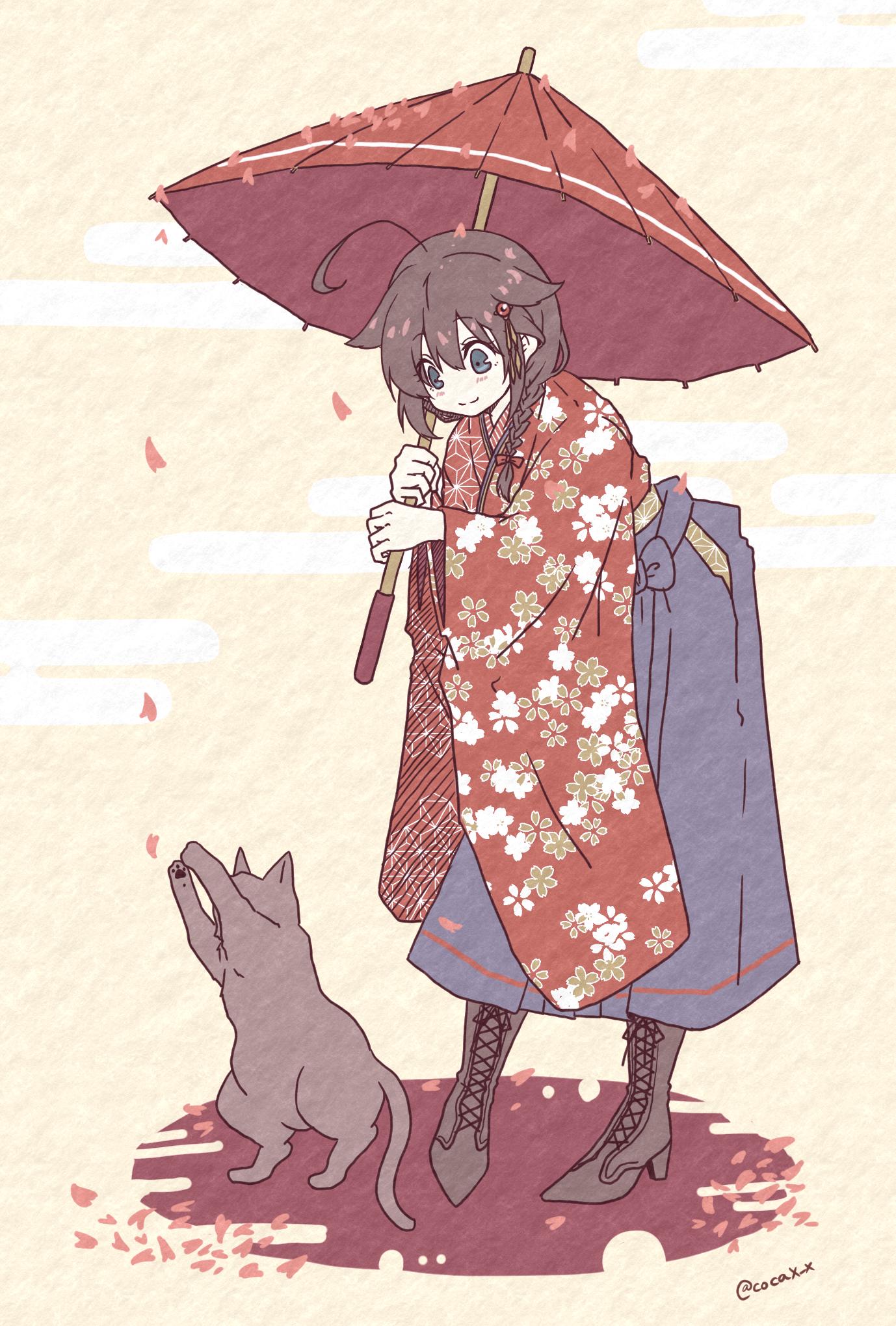 1girl ahoge alternate_costume blue_eyes blue_hakama boots brown_footwear brown_hair cat cherry_blossoms cocax_x cross-laced_footwear floral_print hair_between_eyes hair_flaps hair_over_shoulder hakama high_heel_boots high_heels highres holding holding_umbrella japanese_clothes kantai_collection kimono lace-up_boots long_hair looking_down oriental_umbrella petals red_kimono red_umbrella remodel_(kantai_collection) shigure_(kantai_collection) smile twitter_username umbrella wide_sleeves
