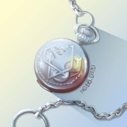 artist_name backlighting chains commentary_request fullmetal_alchemist gradient gradient_background grey_background no._66_(5450992) no_humans orange_background pocket_watch resting shadow simple_background still_life sunlight watch white_background