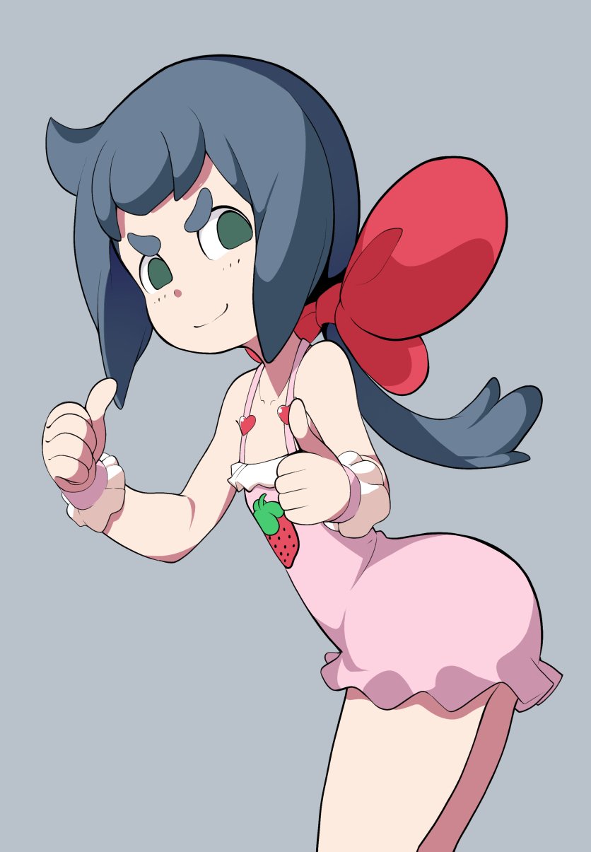 1girl bangs blue_hair bow constanze_amalie_von_braunschbank-albrechtsberger cowboy_shot dress flat_chest food from_side fruit green_eyes grey_background hair_bow heart highres leaning_forward little_witch_academia long_hair looking_at_viewer pink_dress popopo red_bow simple_background sleeveless sleeveless_dress smile solo strawberry thumbs_up